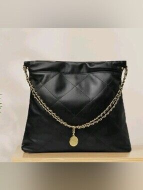Doris & Jacky Soft Genuine Lambskin Quilted Shoulder Bag Gold Chain Straps Black